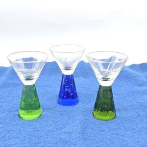 Set 3 Shot Glasses CARNIVAL CRUISE LINE Clear Green Blue Old Style Bubble Base